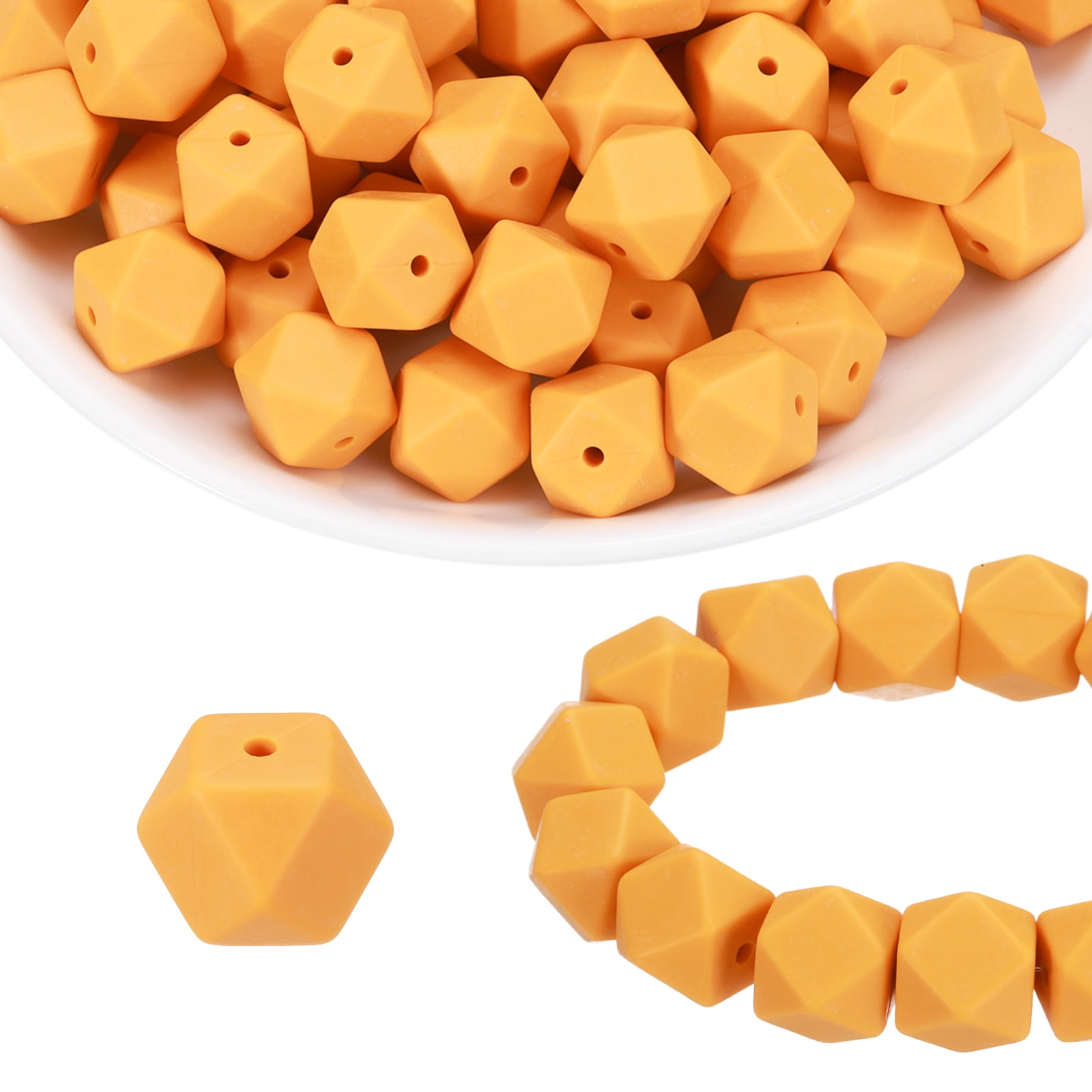 96Pcs Silicone Beads 14mm Hexagon Rubber Focal Beads Bulk for Pens Keychain Bracelet Necklace DIY Crafts Making, Amber Yellow