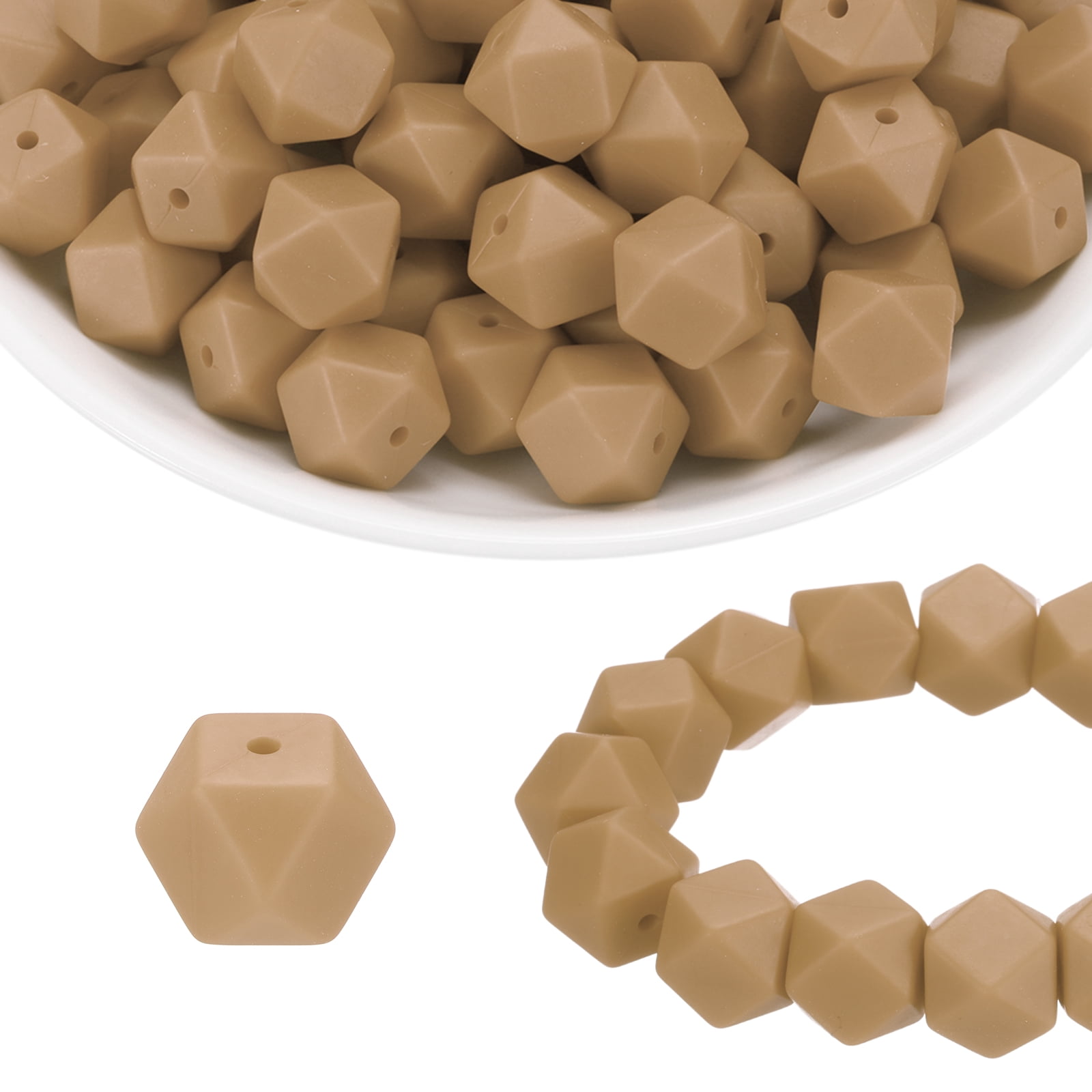 96Pcs Silicone Beads 14mm Hexagon Rubber Focal Beads Bulk for Pens Keychain Bracelet Necklace DIY Crafts Making, Camel Brown