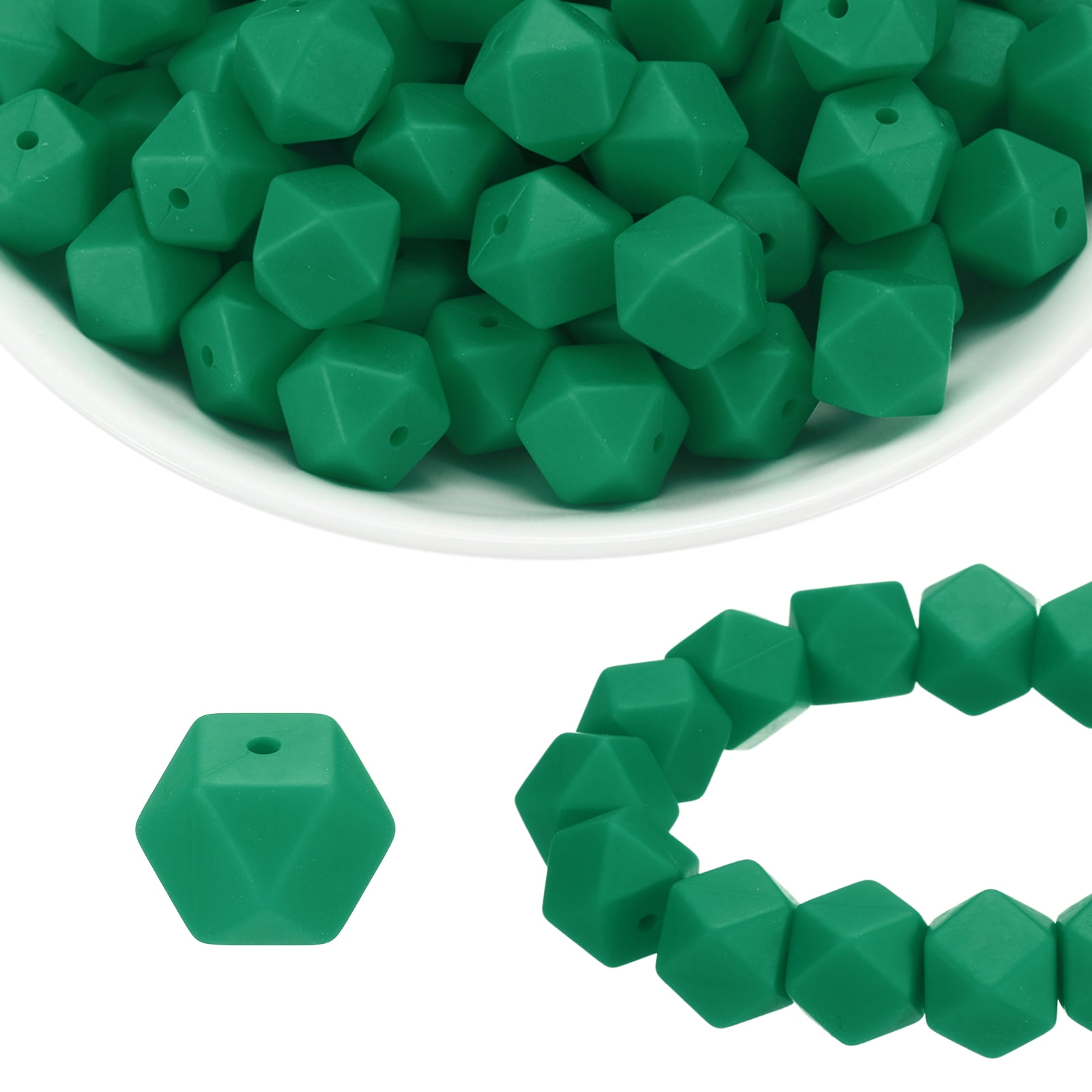 96Pcs Silicone Beads 14mm Hexagon Rubber Focal Beads Bulk for Pens Keychain Bracelet Necklace DIY Crafts Making, Christmas Green