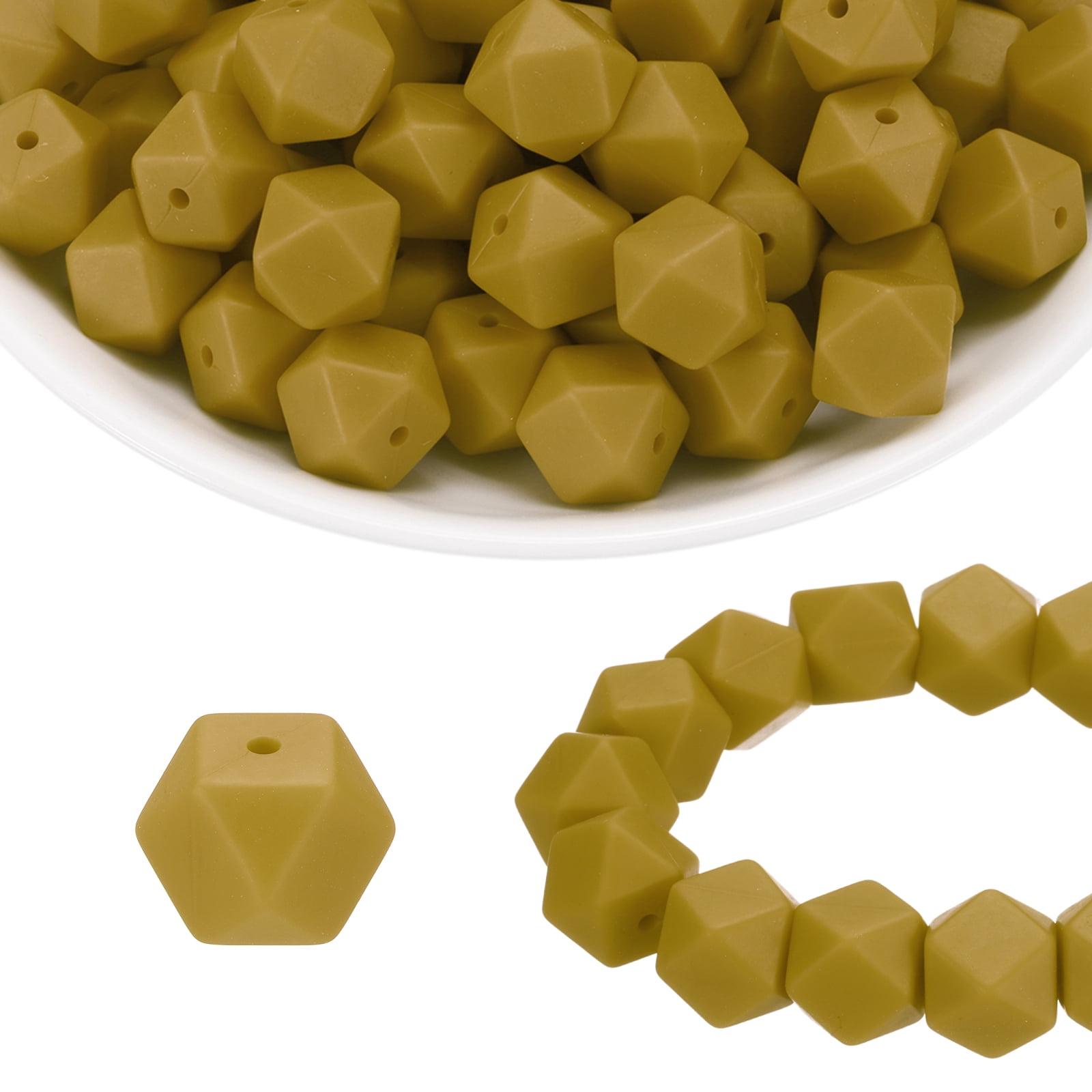 96Pcs Silicone Beads 14mm Hexagon Rubber Focal Beads Bulk for Pens Keychain Bracelet Necklace DIY Crafts Making, Olive Green