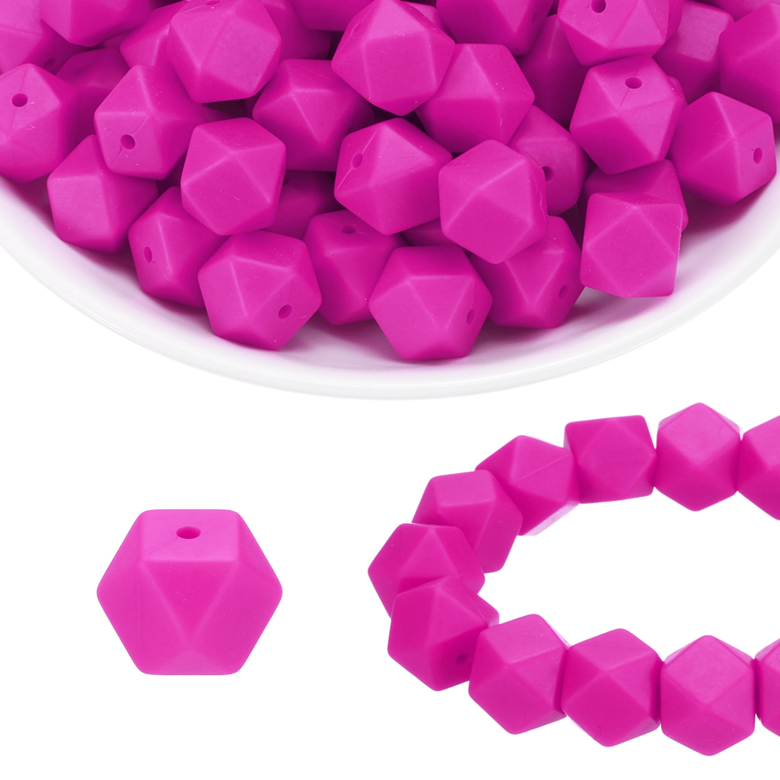 96Pcs Silicone Beads 14mm Hexagon Rubber Focal Beads Bulk for Pens Keychain Bracelet Necklace DIY Crafts Making, Rose Purple