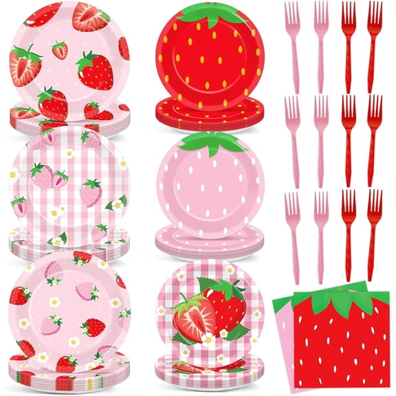 96Pcs Strawberry Birthday Paper Plates Napkins and Forks Strawberry Theme Party Disposable Splies Berry First Birthday Tableware Set for Summer Berry Themed Baby Shower Party Dinnerware Decorations