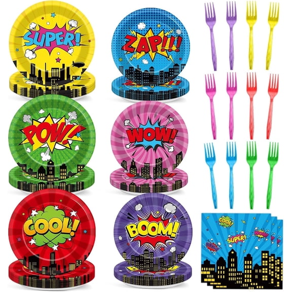 96Pcs Super Theme Hero Party Plates and Napkins Forks for Comic Heroes Birthday Decorations Hero's Action Sign Cityscape Buildings Tableware Set for 24 Guests Birthday Party Supplies Favors
