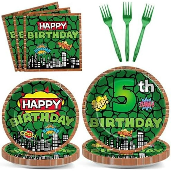 96Pcs Turtle 5th Birthday Party Supplies, Super Hero Ninja Themed Paper Plates & Napkins for Kids Boys Party Decorations