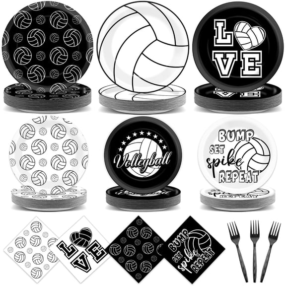 96Pcs Volleyball Birthday Party Decorations Volleyball Paper Plates Sports Themed Dessert Cake Tableware Set Black White Sports Disposable Table Supplies for Boys Girls Baby Shower Party Favor Y114