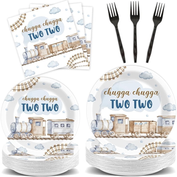 96Pcs Watercolor Train Themed Disposable Tableware Set, Train Pattern Paper Plates & Napkins, Disposable Dinner Dessert Table Decor for Birthday Party, Serves 24 Guests