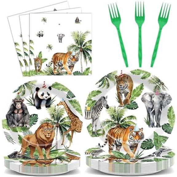 96Pcs Wild Animals Party Supplies Jungle Paper Plates Napkins Safari Theme Party Tableware Set Safari Zoo Dinnerware for Girl Birthday Party Baby Shower Decoration Serve 24