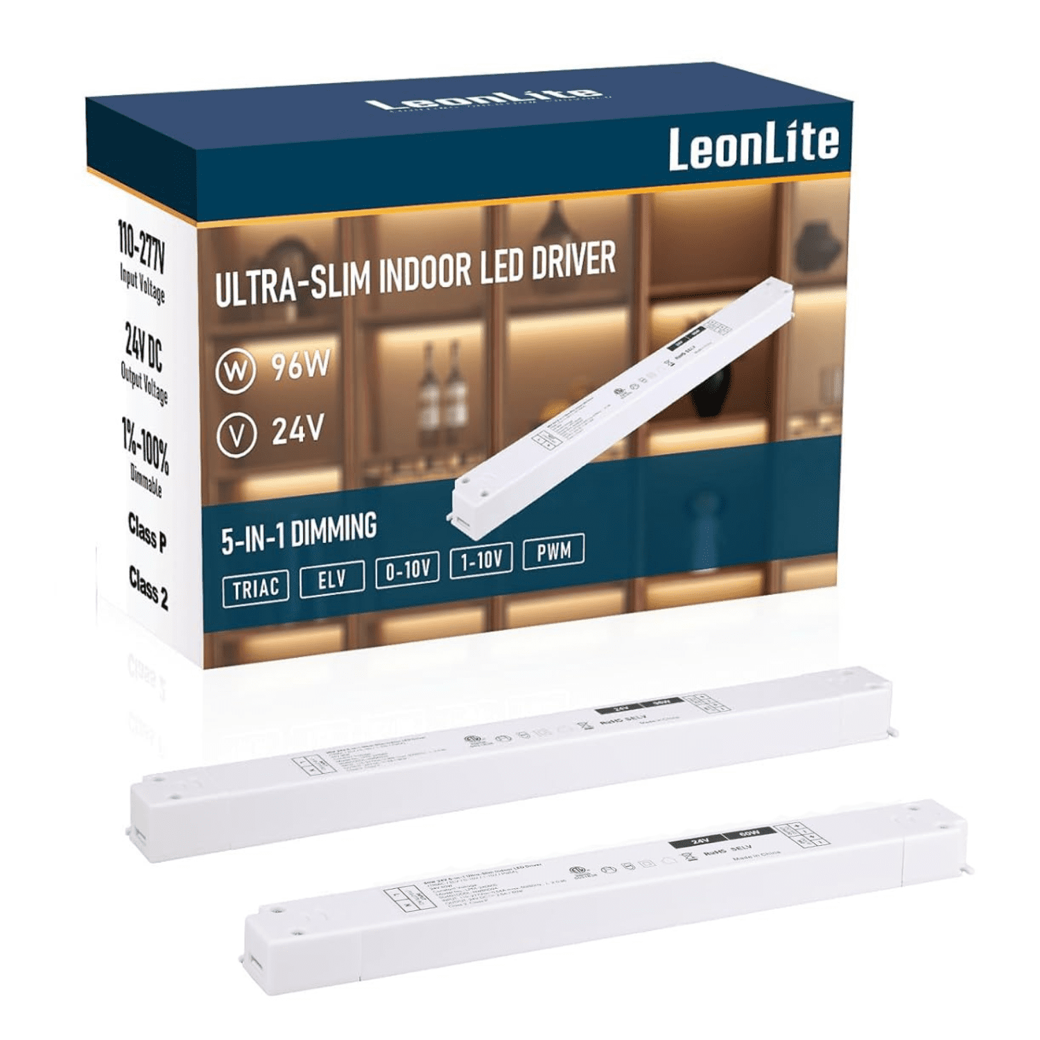 2 Pack 96W 24V Ultra Slim LED Driver, Power Supply, 5-in-1 Dimming Transformer for Display Lighting, Compatible with TRIAC ELV 0-10V PWM, ETL FCC Listed, Class 2 & Class P, 110–277V Input