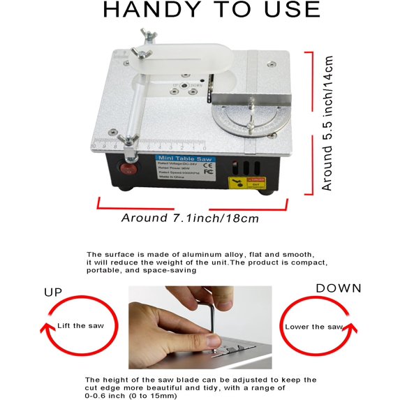 Mini Desktop Electric Table Saw – 7 Speed Control, Adjustable Blade Height, T-Square Guide, 100-240V