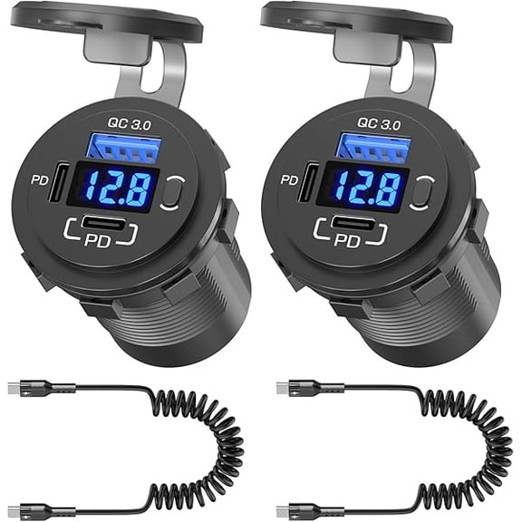 96W USB 12V Outlet 3 Port (with 2 Type c Cable): Multi USB C Car Charger Adapter Dual PD30W & QC3.0 Auto Cigarette Lighter Socket 12 Volt with Voltmeter Power Switch for Marine RV Boat Motorcycle ATV