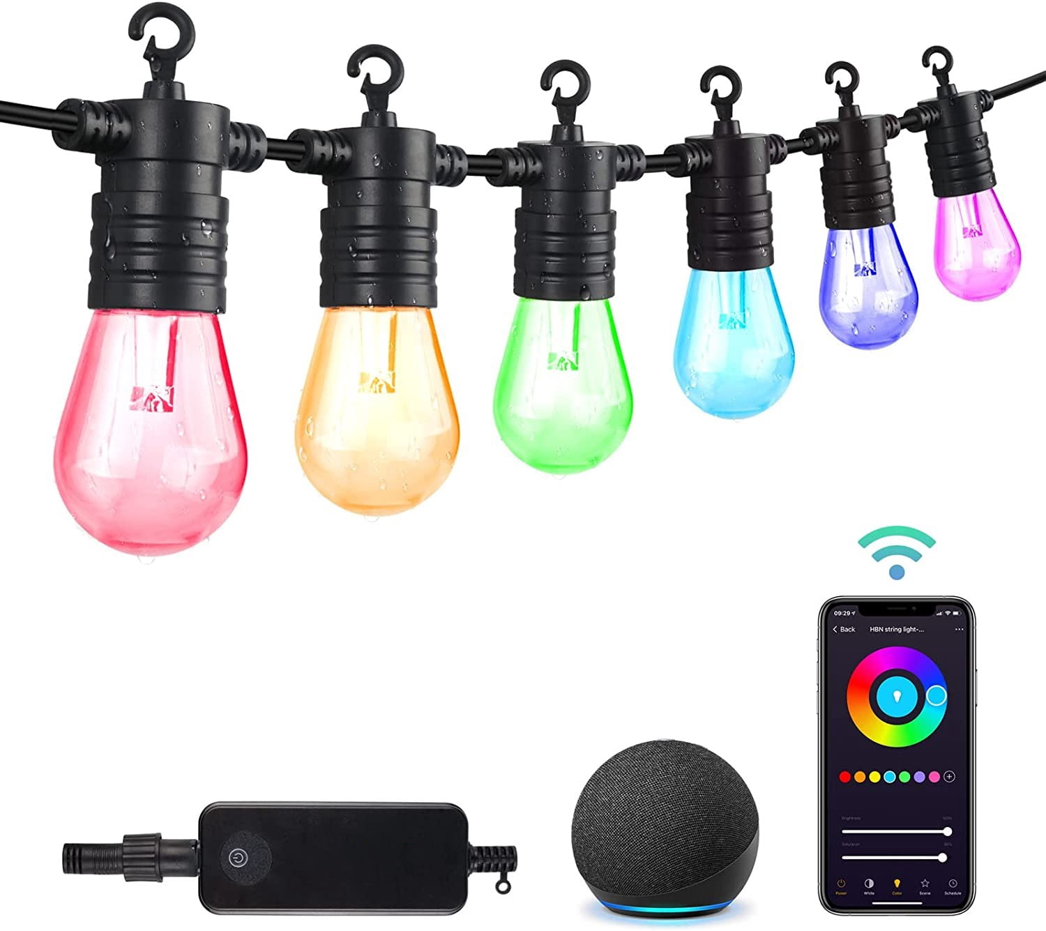 96ft Outdoor String Lights, Patio Lights Smart LED RGBW Color Changing ...