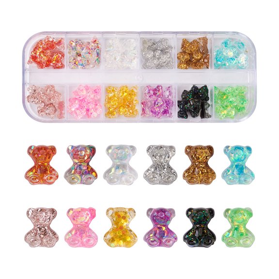 96pcs 12 colors Epoxy Resin Cabochons with Glitter Powder for Nail Art Decoration Accessories Bear Mixed color 10x8x4mm 8pcs/color