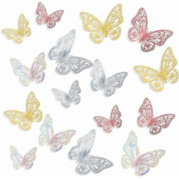 96pcs 4 Colors 3D Butterfly Wall Decor Stickers Gold Butterfly Party Decorations Pink Silver Colorful Butterflies Wall Decals for Birthday Wedding Cake Balloon Room Decorations Colorful DIY