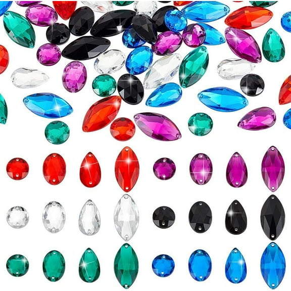 96pcs 4 Styles 6 Colors Sewing Gems Crystals Sewing Gems Jewels Half Round/Oval/Teardrop/Horse Eye Flatback Rhinestones Sew On Rhinestones for Clothes Wedding Dress Costume Garment Craft