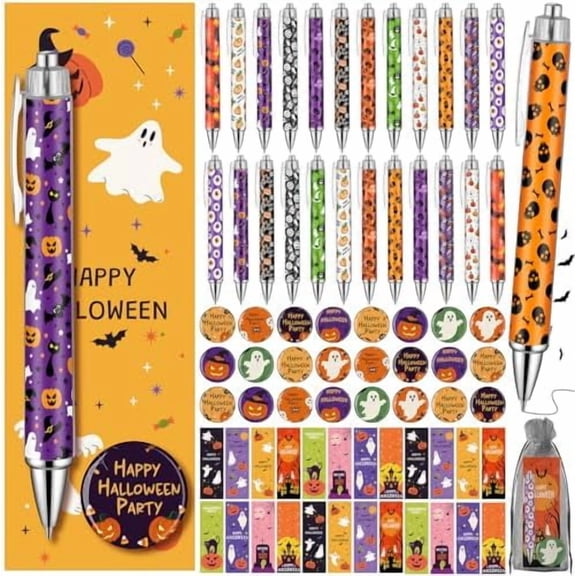 96pcs Halloween Pen Gifts Sets Party Favor Halloween Ballpoint Pens and Boo Badge Pumpkin Card Organza Bag Bulk for Trick or Treat Party Classroom School Office Rewards Prize Supplies
