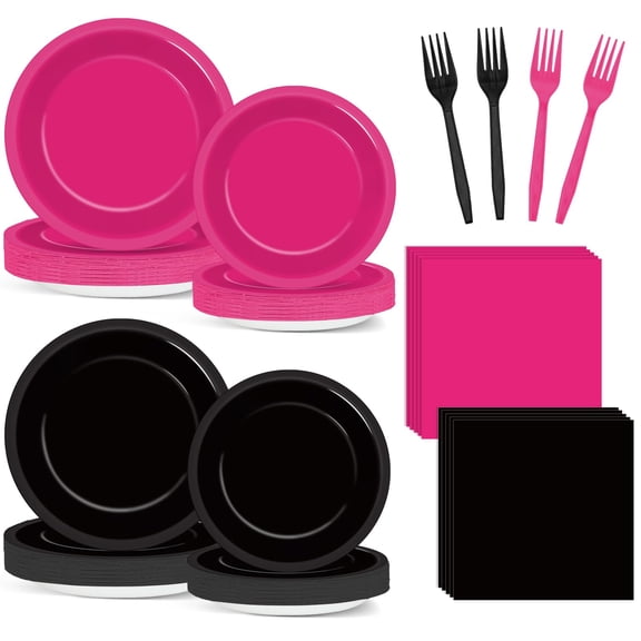 96pcs Hot Pink and Black Party Supplies Heavy Pink and Black Paper Plates Napkins Decorations Disposable Tableware Set for Women Girls Bachelorette Bridal Shower Wedding Party Decor Serve 24 Y114