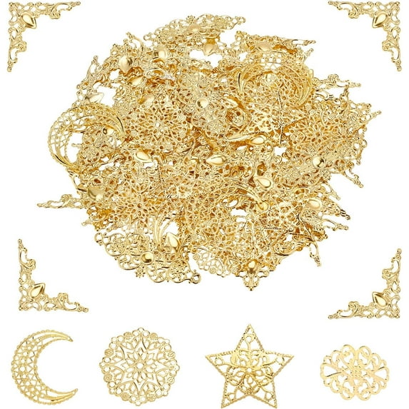 96pcs Iron Filigree Corner Embellishments Corner Protectors Hollow Triangle Wrap Connector with Filigree Pendant Connector Joiners Links Large Resin Fillers for DIY Christmas Jewelry Making