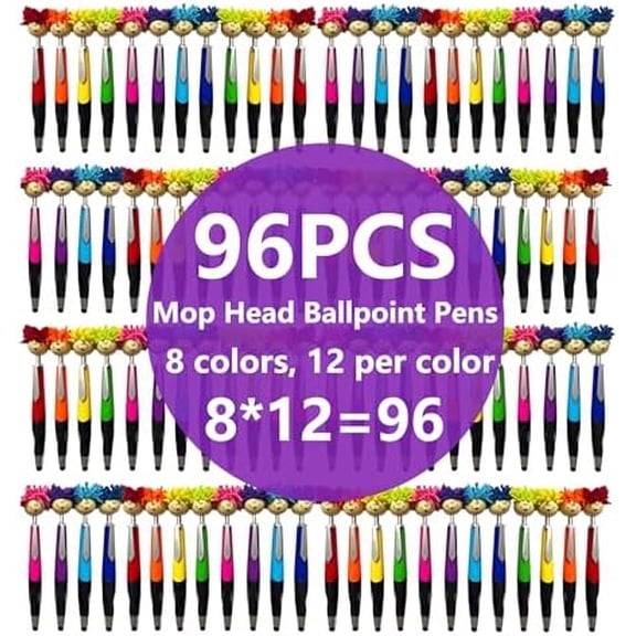 96pcs Mop Head Ballpoint Pens, Funny Mophea Topper Pen with Plush Hair, Multi-function Signing Pen, Decor Gift (96)$$Office