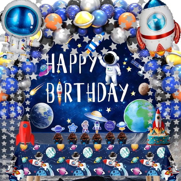 96pcs Outer Space Astronaut Party Decorations - Galaxy Themed Party Supplies Happy Birthday Backdrop, Tablecloth, Star Garland,Multi-color Balloons and Rocket astronaut Balloons. Y114