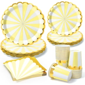 96pcs Paper Plates Carnival Party Plates and Napkins Cups Circus Yellow and White Stripe Disposable Tableware Set for 24 Guest Baby Shower Wedding Tea Kid Birthday Party Supplies Decorations