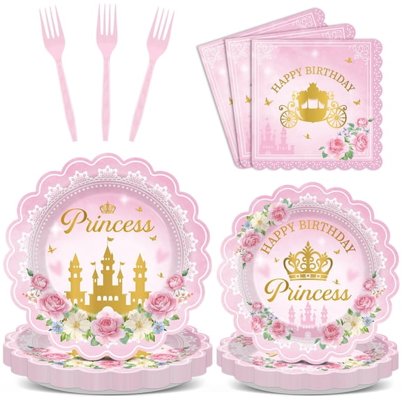 96pcs Princess Birthday Party Decorations Pink Princess Scalloped Napkin Tableware Set Pink Floral Gold Castle Fairytale Disposable Tableware for Girls Birthday Baby Shower Party Supplies Favor Y114