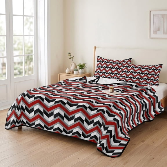 96x106in Quilt Bedding Set, Abstract Art Zig Zag Burgundy Red Striped Lightweight Coverlet Summer Comforter Set Soft Microfiber Bedspread, Geometric Art 3 Piece Quilt Set with 2 Pillow Shams