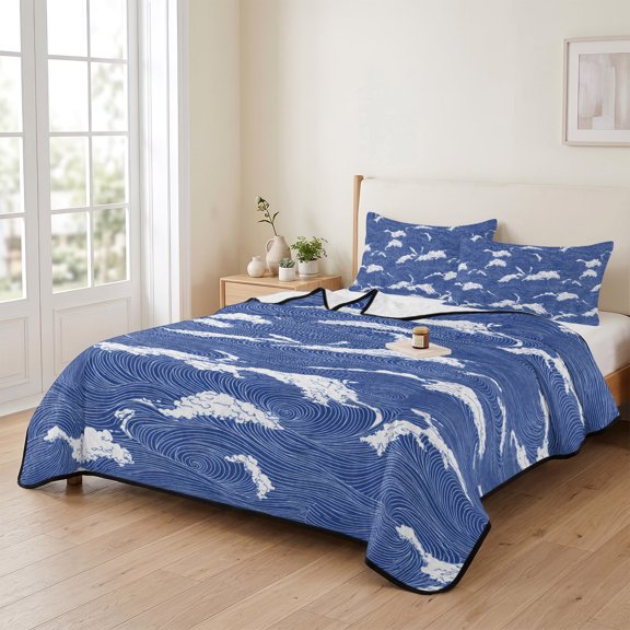 96x106in Quilt Bedding Set, Abstract Blue White Ocean Wave Lightweight Coverlet Summer Comforter Set Soft Microfiber Bedspread, Sea Waves Line 3 Piece Quilt Set with 2 Pillow Shams All Seasons Use