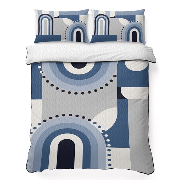 King Quilt Bedding Set Abstract Geometric Mid Century Half Circle Breathable Summer Cooling Blanket for Hot Sleepers, Blue Gradient Stripes Soft Bedding Set with 2 Pillow Shams for All Season
