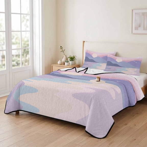 96x106in Quilt Bedding Set, Abstract Mountain Sunset Artwork Lightweight Coverlet Summer Comforter Set Microfiber Bedspread, Ocean Beach Wave Natural Scenery 3 Piece Quilt Set with 2 Pillow Shams