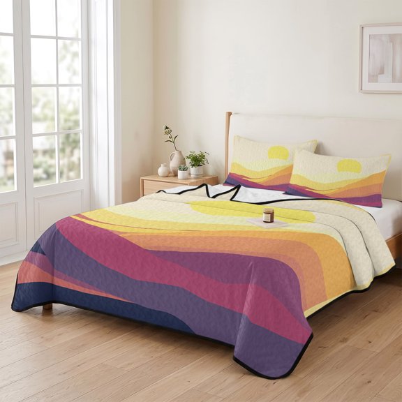 96x106in Quilt Bedding Set, Abstract Nature Sunset Landscape Lightweight Coverlet Summer Comforter Set Soft Microfiber Bedspread, Geometric Stripe Mountain 3 Piece Quilt Set with 2 Pillow Shams