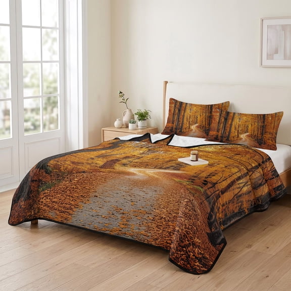 96x106in Quilt Bedding Set, Autumn Forest Orange Fallen Leaves Lightweight Coverlet Summer Comforter Set Soft Microfiber Bedspread, Fall Landscape 3 Piece Quilt Set with 2 Pillow Shams