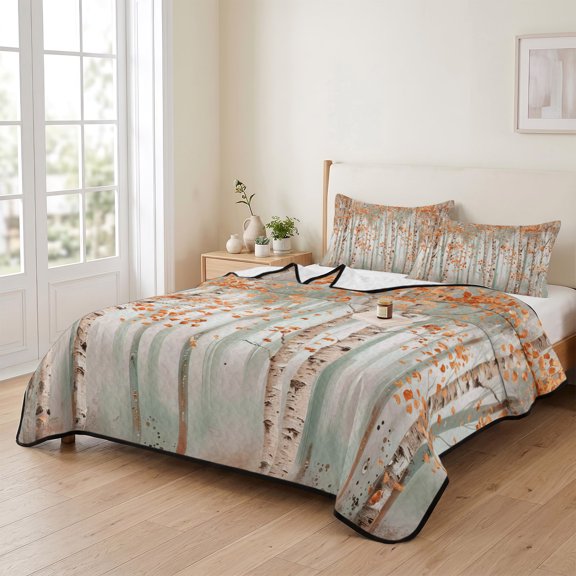 96x106in Quilt Bedding Set, Autumn Rustic Orange Tree Lightweight Coverlet Summer Comforter Set Soft Microfiber Bedspread, Forest Botanical Oil Painting Art 3 Piece Quilt Set with 2 Pillow Shams