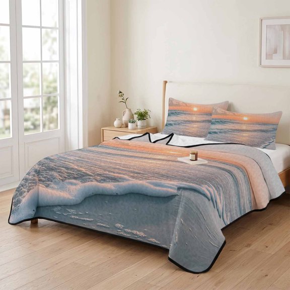 96x106in Quilt Bedding Set, Beach Waves Summer Sunset Lightweight Coverlet Summer Comforter Set Soft Microfiber Bedspread, Blue Sea Water 3 Piece Quilt Set with 2 Pillow Shams All Seasons Use