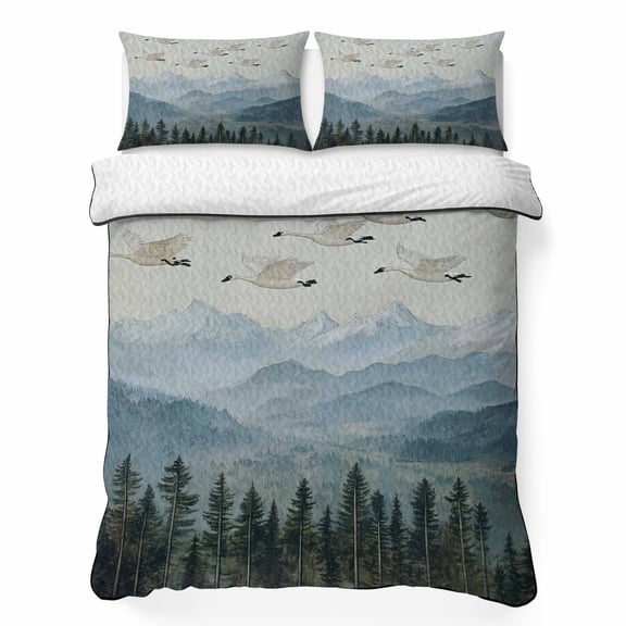 King Quilt Bedding Set Bird Mountain Forest Nature Landscape Breathable Summer Cooling Blanket for Hot Sleepers, Oil Painting Art Lightweight Soft Bedding Set with 2 Pillow Shams for All Season