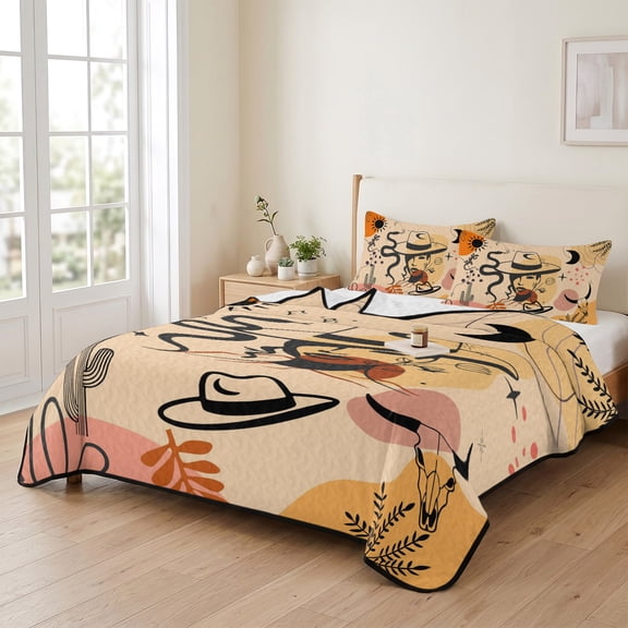 96x106in Quilt Bedding Set, Boho American Cowboy Cactus Boho Lightweight Coverlet Summer Comforter Set Soft Microfiber Bedspread, Minimalist Southwestern 3 Piece Quilt Set with 2 Pillow Shams