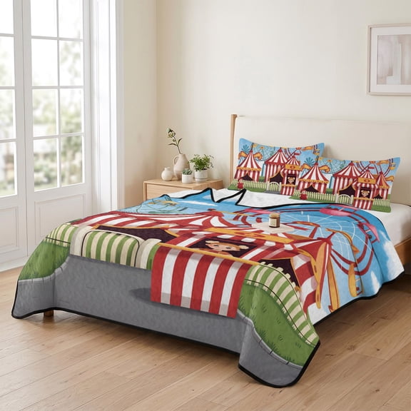 96x106in Quilt Bedding Set, Carnival Amusement Park Lightweight Coverlet Summer Comforter Set Soft Microfiber Bedspread, Cartoon Wheelwheels Cute Kid 3 Piece Quilt Set with 2 Pillow Shams