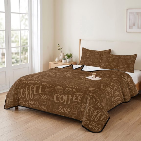 96x106in Quilt Bedding Set, Coffee Milk Tea and Cocoa Bean Lightweight Coverlet Summer Comforter Set Soft Microfiber Bedspread, Cafe Theme Quote on Brown 3 Piece Quilt Set with 2 Pillow Shams