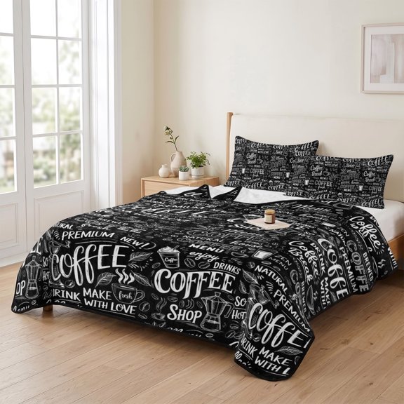 96x106in Quilt Bedding Set, Coffee Time White Quote on Black Lightweight Coverlet Summer Comforter Set Soft Microfiber Bedspread, Milk Tea Cup Cocoa Bean 3 Piece Quilt Set with 2 Pillow Shams
