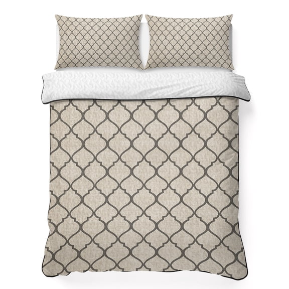 King Quilt Bedding Set Country Morocco Tile Geometric Pattern Breathable Summer Cooling Blanket for Hot Sleepers, Vintage Brown Gray Soft Bedding Set with 2 Pillow Shams for All Season