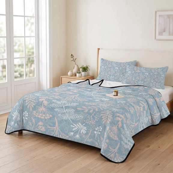 96x106in Quilt Bedding Set, Dandelion Daisy Lavender Abstract Plant Floral Lightweight Coverlet Summer Comforter Set Microfiber Bedspread, Blue and Gray Back 3 Piece Quilt Set with 2 Pillow Shams