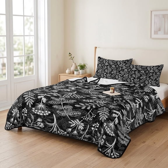 96x106in Quilt Bedding Set, Dandelion Lavender Floral Lightweight Coverlet Summer Comforter Set Soft Microfiber Bedspread, White Flowers on Black 3 Piece Quilt Set with 2 Pillow Shams