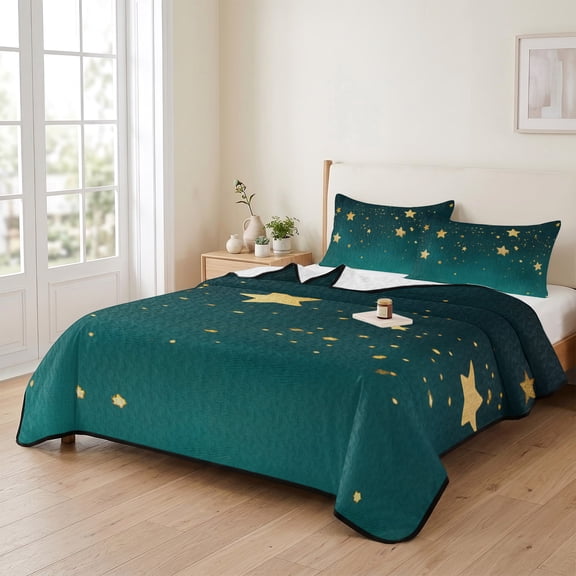 96x106in Quilt Bedding Set, Dream Yellow Star on Teal Blue Lightweight Coverlet Summer Comforter Set Soft Microfiber Bedspread, Night Starry Sky 3 Piece Quilt Set with 2 Pillow Shams All Seasons Use