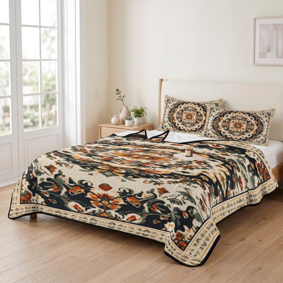 96x106in Quilt Bedding Set, Ethnic Geometric Floral Leaf Lightweight Coverlet Summer Comforter Set Soft Microfiber Bedspread, Abstract Bohemian Pattern 3 Piece Quilt Set with 2 Pillow Shams
