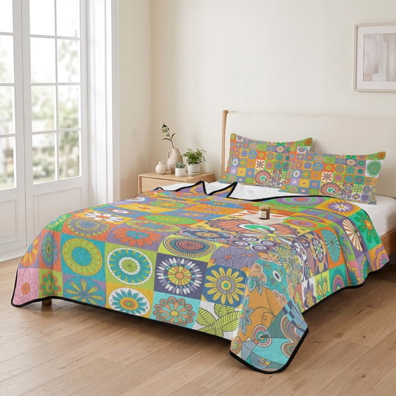 96x106in Quilt Bedding Set, Ethnic Geometric Floral Lightweight Coverlet Summer Comforter Set Soft Microfiber Bedspread, Abstract Tribal Patchwork Art 3 Piece Quilt Set with 2 Pillow Shams