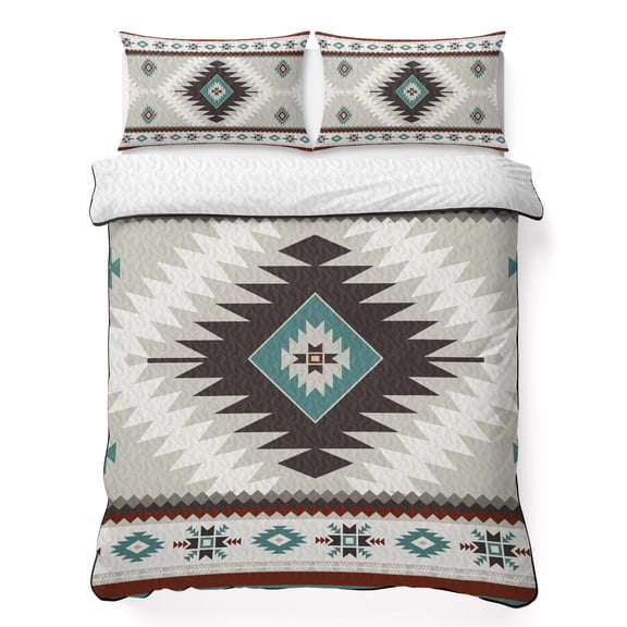 King Quilt Bedding Set Ethnic Tribal Geometric Pattern Breathable Summer Cooling Blanket for Hot Sleepers, Aztec Boho Native Texture Soft Bedding Set with 2 Pillow Shams for All Season