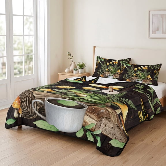 96x106in Quilt Bedding Set, Farmhouse Botanical Plant Frog Lightweight Coverlet Summer Comforter Set Soft Microfiber Bedspread, Flower on Dark Brown Wood Barn 3 Piece Quilt Set with 2 Pillow Shams