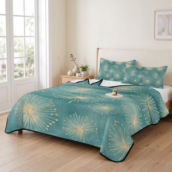 96x106in Quilt Bedding Set, Flower Dandelion Plant Lightweight Coverlet Summer Comforter Set Soft Microfiber Bedspread, Blue Gradient 3 Piece Quilt Set with 2 Pillow Shams All Seasons Use