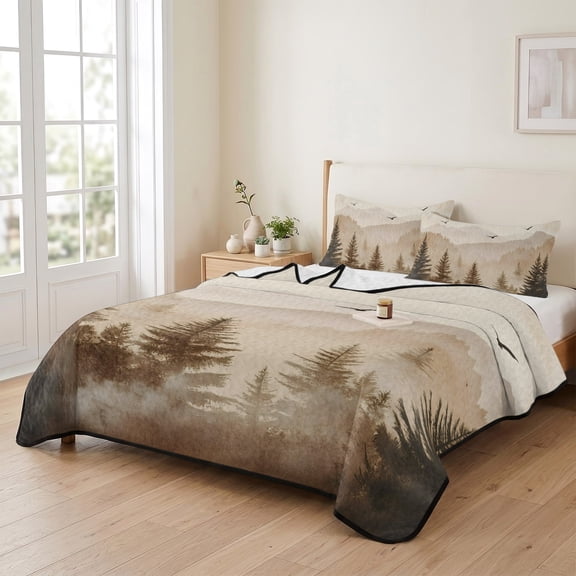 96x106in Quilt Bedding Set, Foggy Mountain Forest Tree Bird Lightweight Coverlet Summer Comforter Set Soft Microfiber Bedspread, Retro Natural Scenic Theme 3 Piece Quilt Set with 2 Pillow Shams
