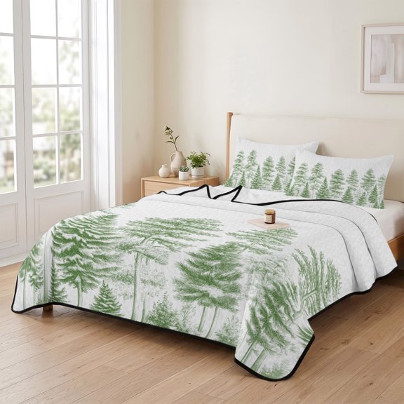 96x106in Quilt Bedding Set, Green Pine Tree Sketch Forest Art Lightweight Coverlet Summer Comforter Set Soft Microfiber Bedspread, Country Trees on White 3 Piece Quilt Set with 2 Pillow Shams