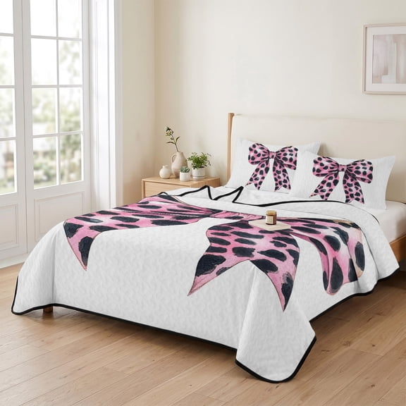 96x106in Quilt Bedding Set, Leopard Print Bow Lightweight Coverlet Summer Comforter Set Soft Microfiber Bedspread, Black Point on Pink Background 3 Piece Quilt Set with 2 Pillow Shams